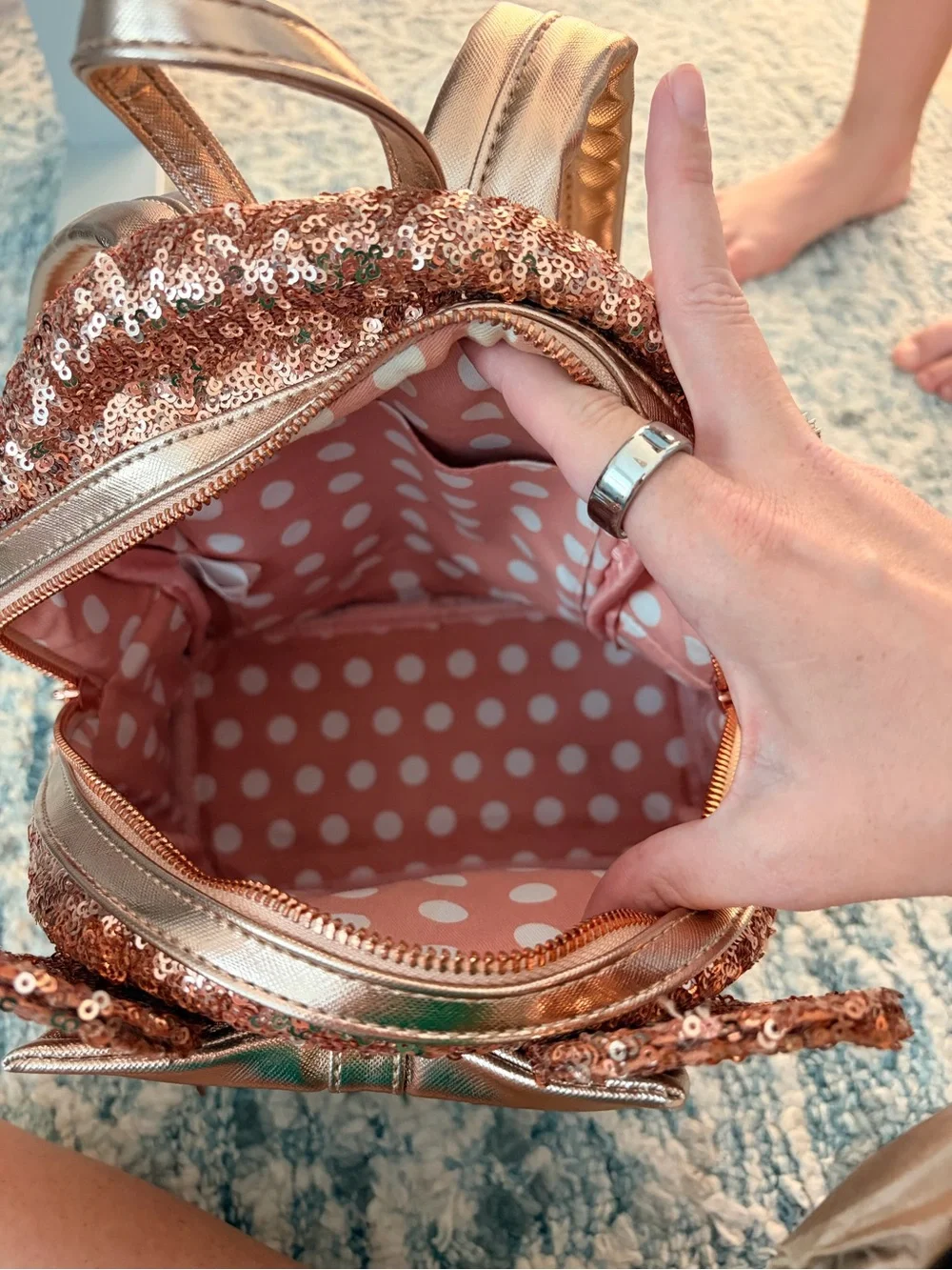 Disney Parks Loungefly Rose Gold Sequin Minnie Ears Backpack